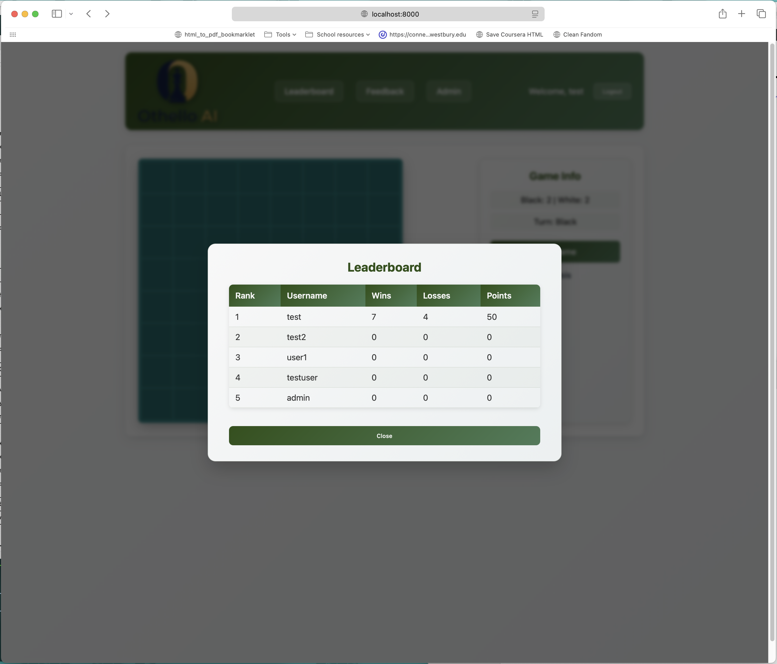 Screenshot of the leaderboard