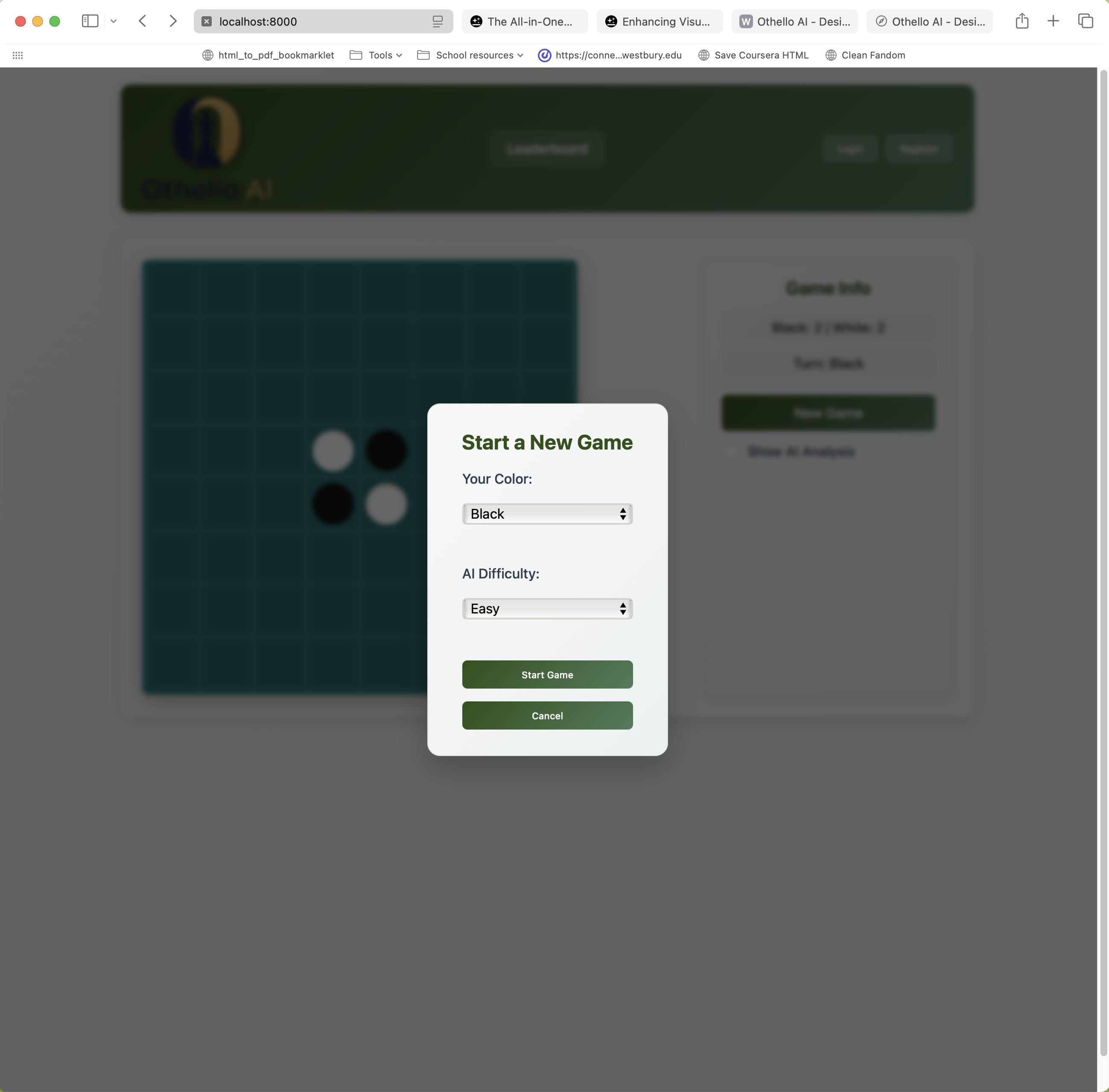 Screenshot of the new game modal
